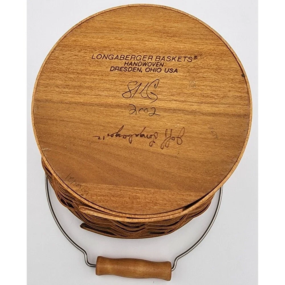*SIGNED* '02 Longaberger Sage Autumn Round Pail Basket w/Handle, Protector & Lid